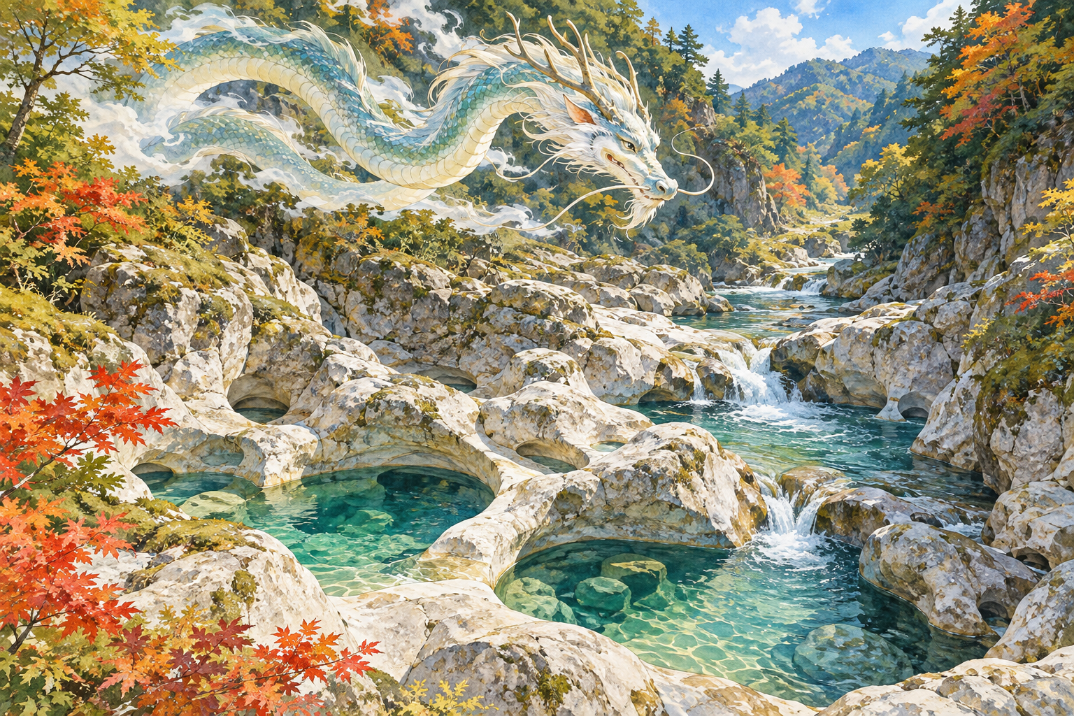 川の甌穴の上に竜神を描いた、日本の伝承を題材にした想像図